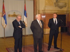 23 February 2012  (from left to right) Hannes Swoboda, President of the Political Group of Socialists and Democrats in the European Parliament, Foreign Affairs Committee Chairman Prof. Dr Dragoljub Micunovic and Sergei Stanishev, President of the Party of